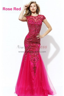 Rose Red Gorgeous Hand Beading Prom Dresses, Sheath Cap Sleeves Wedding Party Dresses pds-0067-2