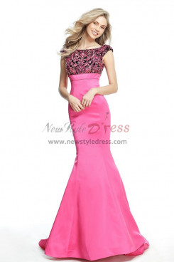 Rose Red Gorgeous Sheath Cap Sleeves Prom Dresses, Glamorous Chest Appliques Mermaid Wedding Party Dresses pds-0076-2