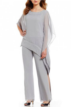 Silver Gray Chiffon Poncho Top Elastic waist Mother of the Groom pant suits nmo-515