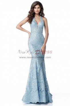 Sky Blue Halter Deep V-Neck Mermaid Prom Gown, Lace Sheath Wedding Party Dresses pds-0031-3