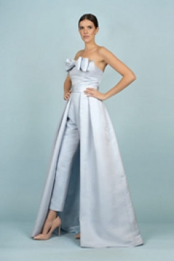Sky Blue Satin Wedding pants Detachable Train Bridal Jumpsuit Gown wps-165