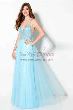 Sky Blue Spaghetti Hand Beading Prom Downs, Elegant Glass Drill Wedding Party Dresses pds-0014-1