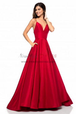 Spaghetti Deep V-Neck Prom Dresses, Red A-Line Wedding Party Evening  Dresses pds-0029-4