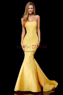 Strapless Mermaid Prom Dresses, Yellow Wedding Party Dresses With Brush Train pds-0028-2