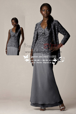 Charcoal Three piece mother of the bride dress with lace jacket customizable cms-075
