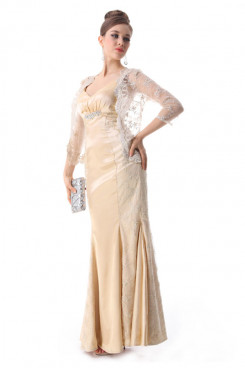 champagne Satin evening Dresses With sleeve Lace Jacket np-0206